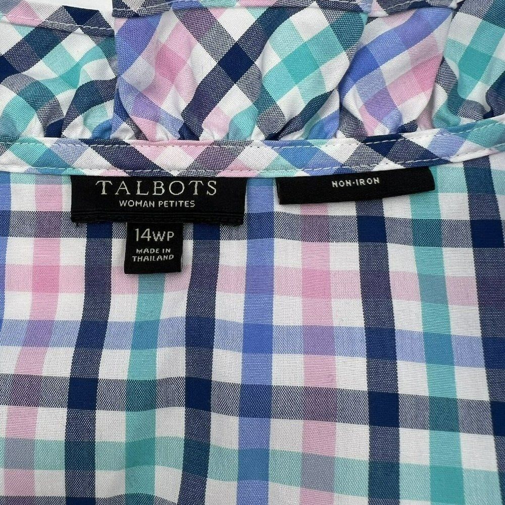 Talbots Size 14WP Multicolor Gingham Plaid 3/4 Sleeve Ruffle Neck Top Pullover - Picture 3 of 4